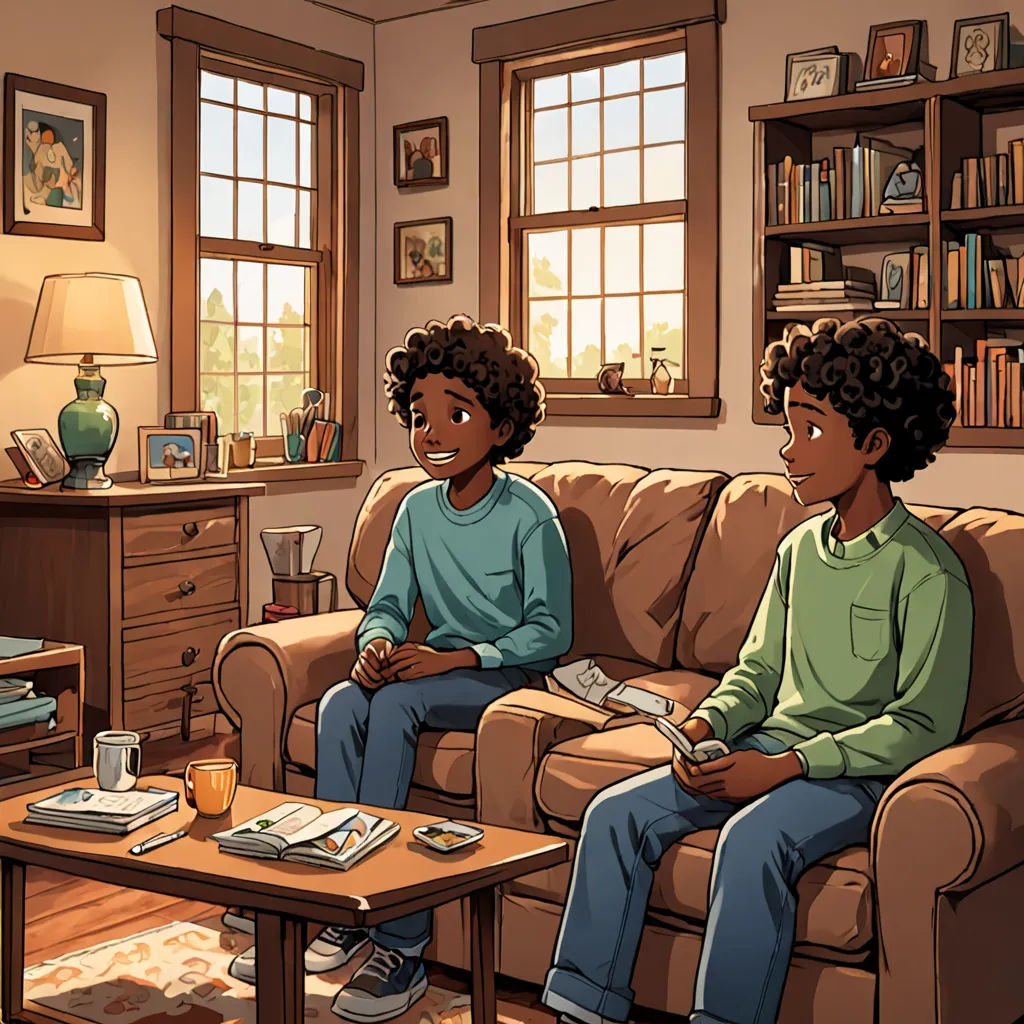 a couple of people sitting on a couch in a living room next to a table with a cup of coffee, american scene painting, a storybook illustration, Brothers Hildebrandt, official art