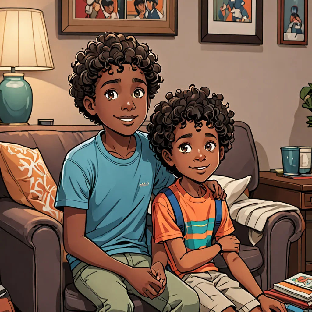 a boy and a girl sitting on a couch in a living room with a lamp on the table and pictures on the wall, process art, a comic book panel, Everett Warner, graphic novel