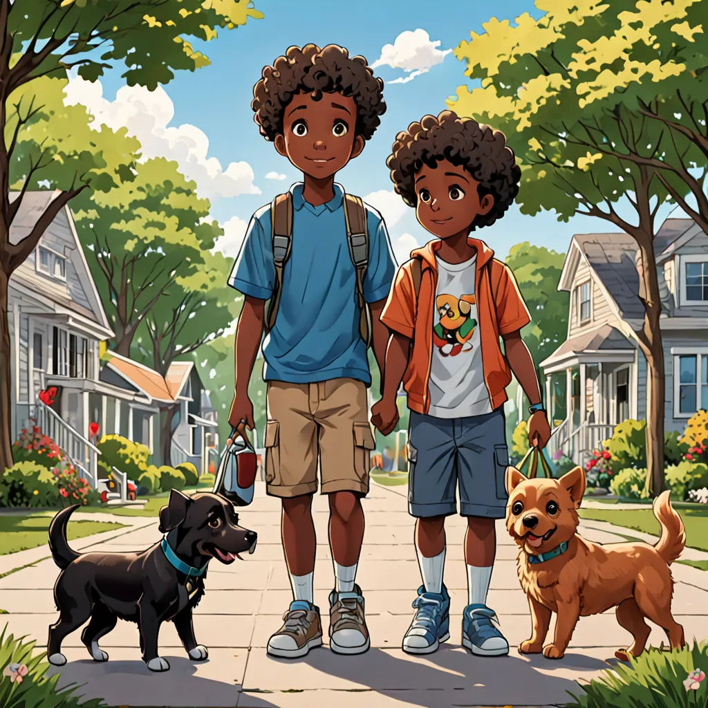 a couple of kids standing next to a dog on a sidewalk in front of a house with trees and bushes, american scene painting, a storybook illustration, Felix-Kelly, comic cover art