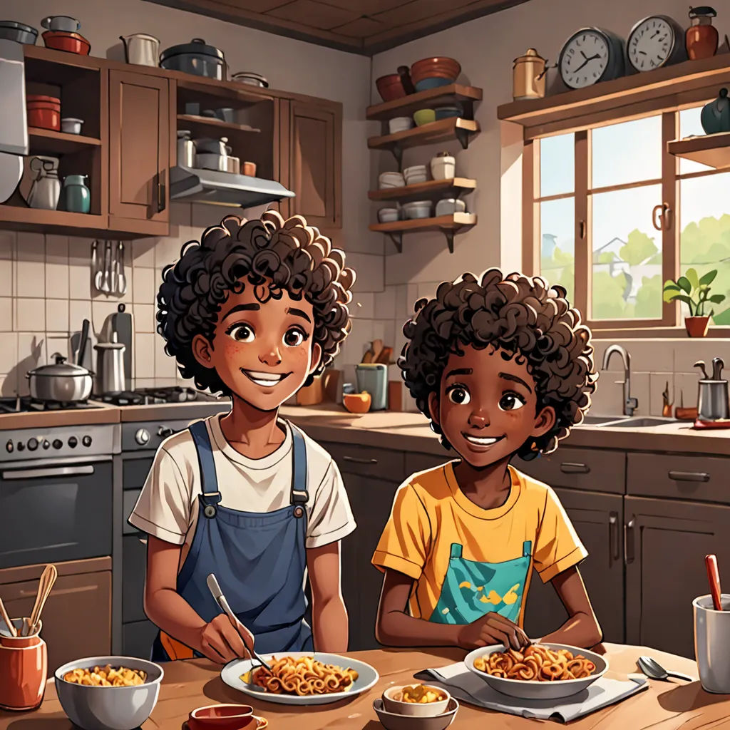 two children sitting at a table with plates of food in front of them, and a clock in the background, american scene painting, a storybook illustration, Cedric Seaut (Keos Masons), official art