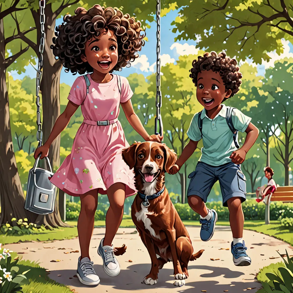 a boy and a girl are playing with a dog in a park with a swing and a dog on a leash, american scene painting, a storybook illustration, Chris LaBrooy, comic cover art