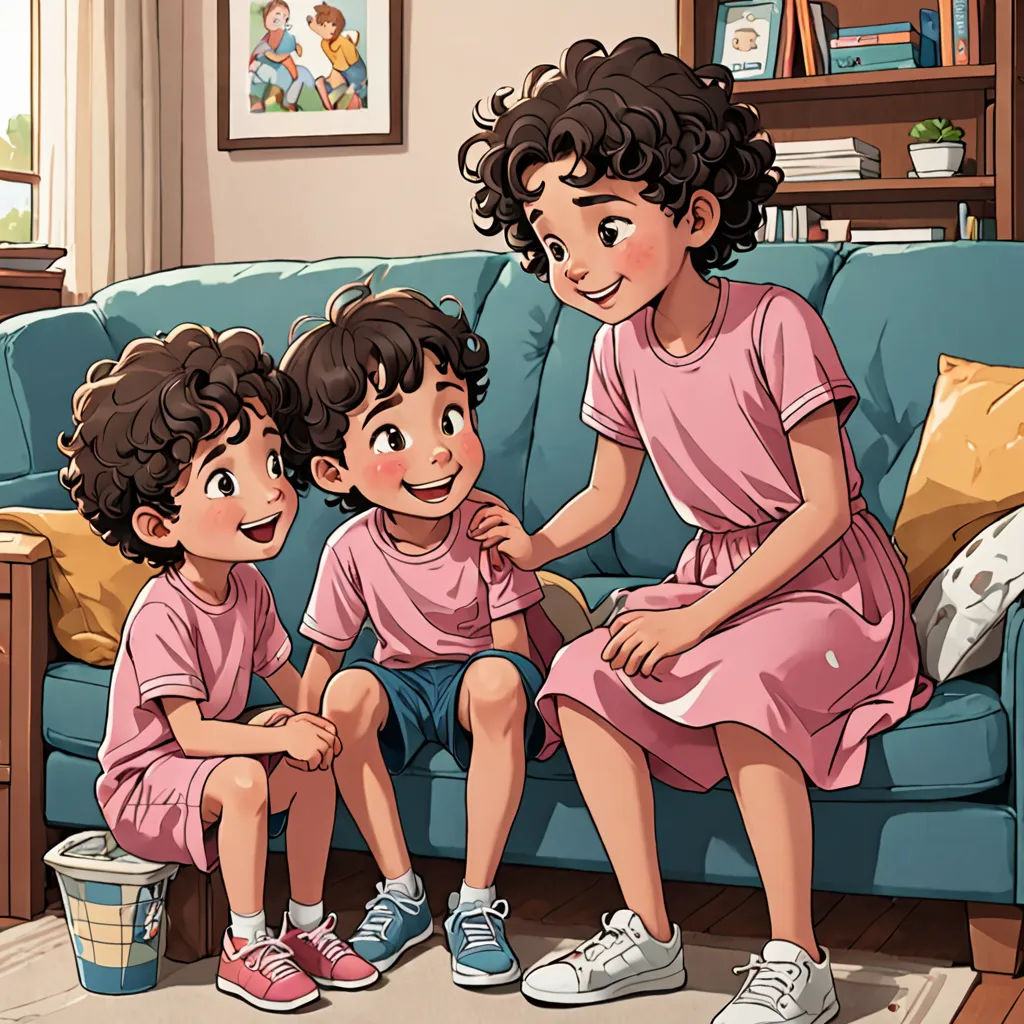 a mother and two children sitting on a couch in a living room with a blue couch and a blue chair, lyco art, a storybook illustration, Diego Gisbert Llorens, official art