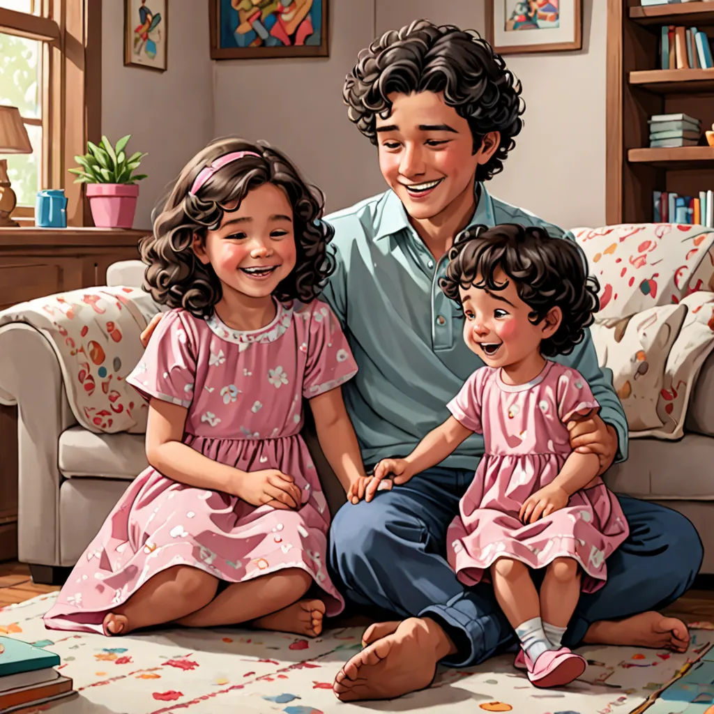 a man and two children sitting on a couch in a living room together, smiling at the camera,, american scene painting, a storybook illustration, Aaron Jasinski, official art