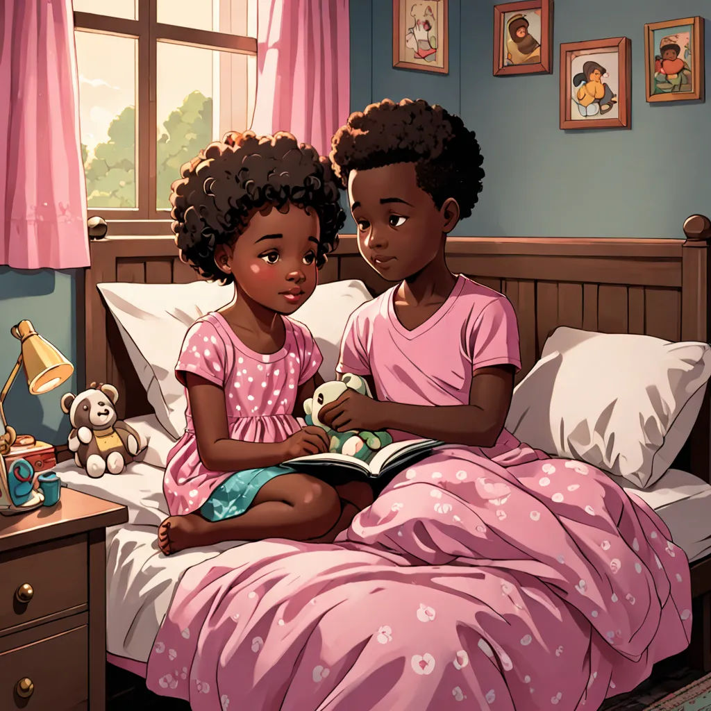two children sitting on a bed reading a book together, with a teddy bear on the bed beside them, harlem renaissance, a storybook illustration, Chinwe Chukwuogo-Roy, storybook illustration