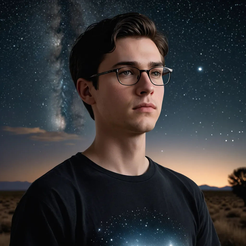 a man with glasses and a black shirt is looking at the stars in the sky above him and a tree, light and space, a hologram, Cosmo Alexander, astrophotography