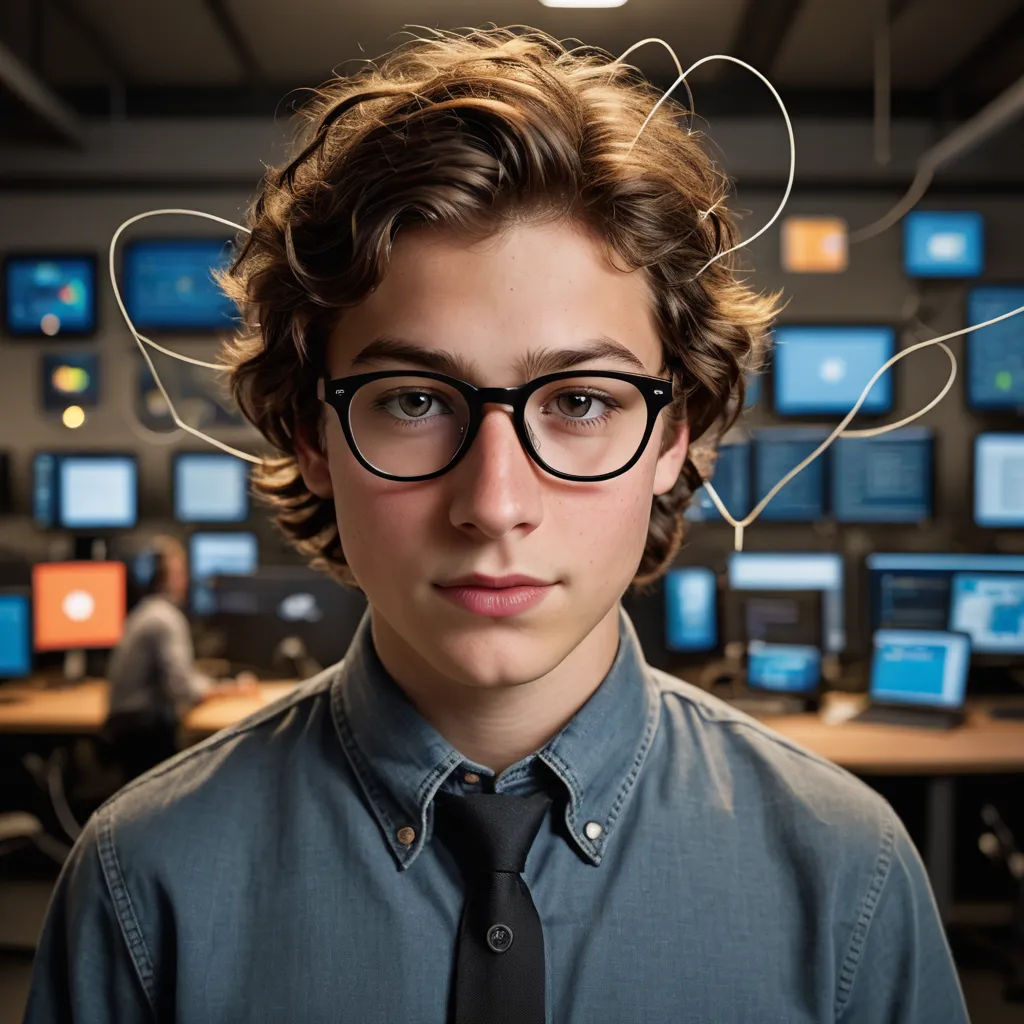 a young man wearing glasses and a tie with wires in his hair and a computer room full of monitors, computer art, a computer rendering, Echo Chernik, promotional image