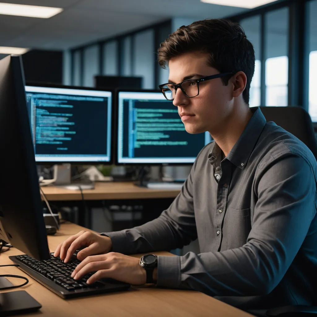 a man sitting at a desk with a computer and a keyboard in front of him, with multiple monitors behind him, les automatistes, a stock photo, Andries Stock, raytracing