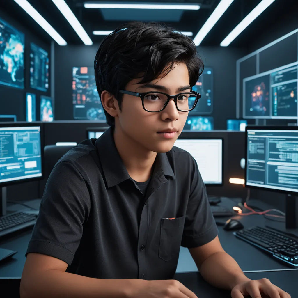 a young man wearing glasses sitting in front of a computer desk with multiple monitors on it and a keyboard, computer art, computer graphics, Abidin Dino, professional photo