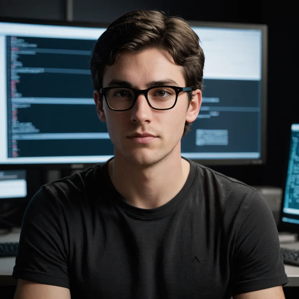 a man wearing glasses sitting in front of a computer monitor and keyboard in a dark room with two monitors, serial art, a stock photo, Cedric Seaut (Keos Masons), professional photo