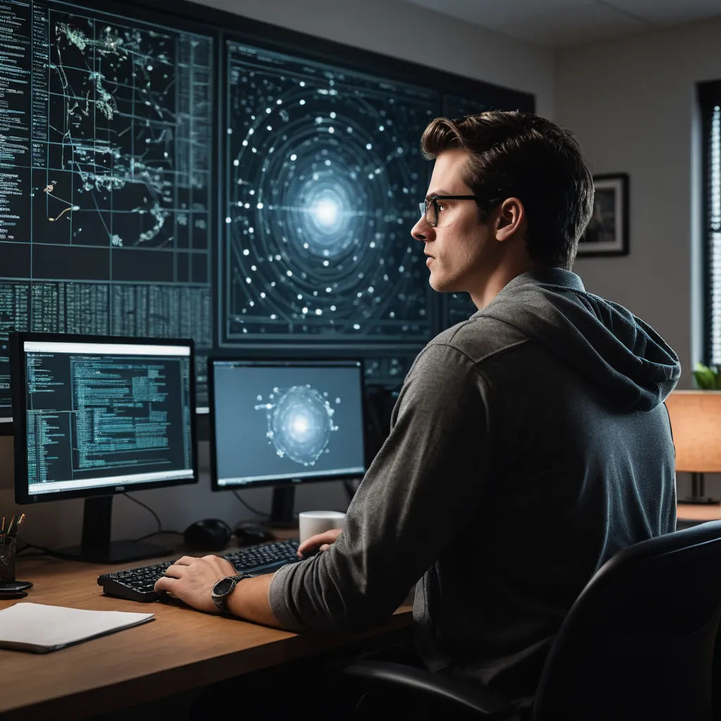 a man sitting at a desk with a computer and a monitor on it, with a lot of data on the wall behind him, les automatistes, a stock photo, Filip Hodas, dan mumford. octane render