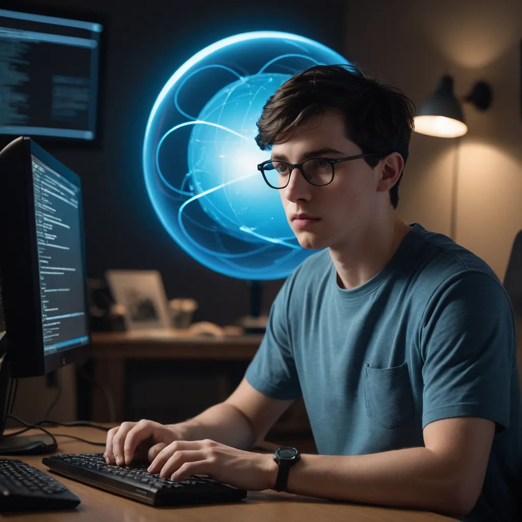a man sitting at a desk with a computer and a monitor on it, with a glowing blue circle behind him, computer art, a computer rendering, Cedric Seaut (Keos Masons), raytracing