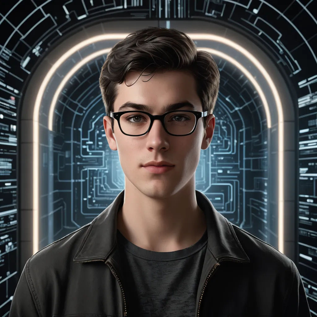 a man with glasses and a black jacket in front of a tunnel of lights and a neon light behind him, computer art, computer graphics, Cedric Seaut (Keos Masons), key art