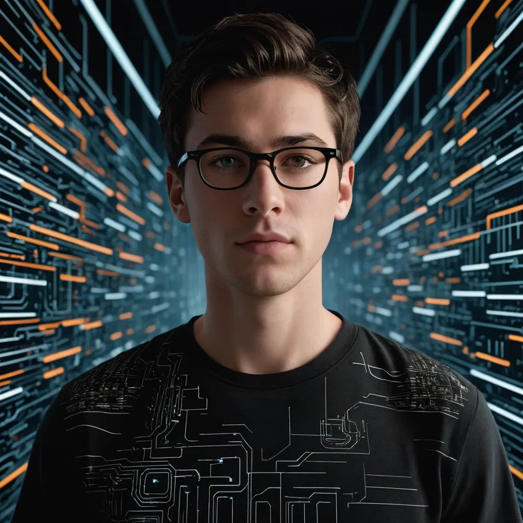 a man with glasses standing in front of a tunnel of lines and lines in the background of the image, computer art, a computer rendering, Adam Pijnacker, tech wear
