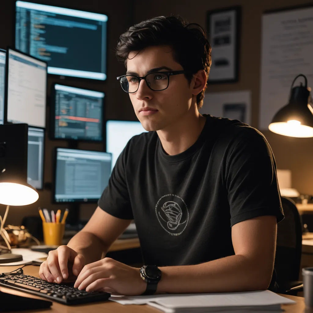 a man sitting at a desk with a keyboard and a monitor on it, with a lot of monitors behind him, computer art, computer graphics, Cedric Seaut (Keos Masons), tech wear
