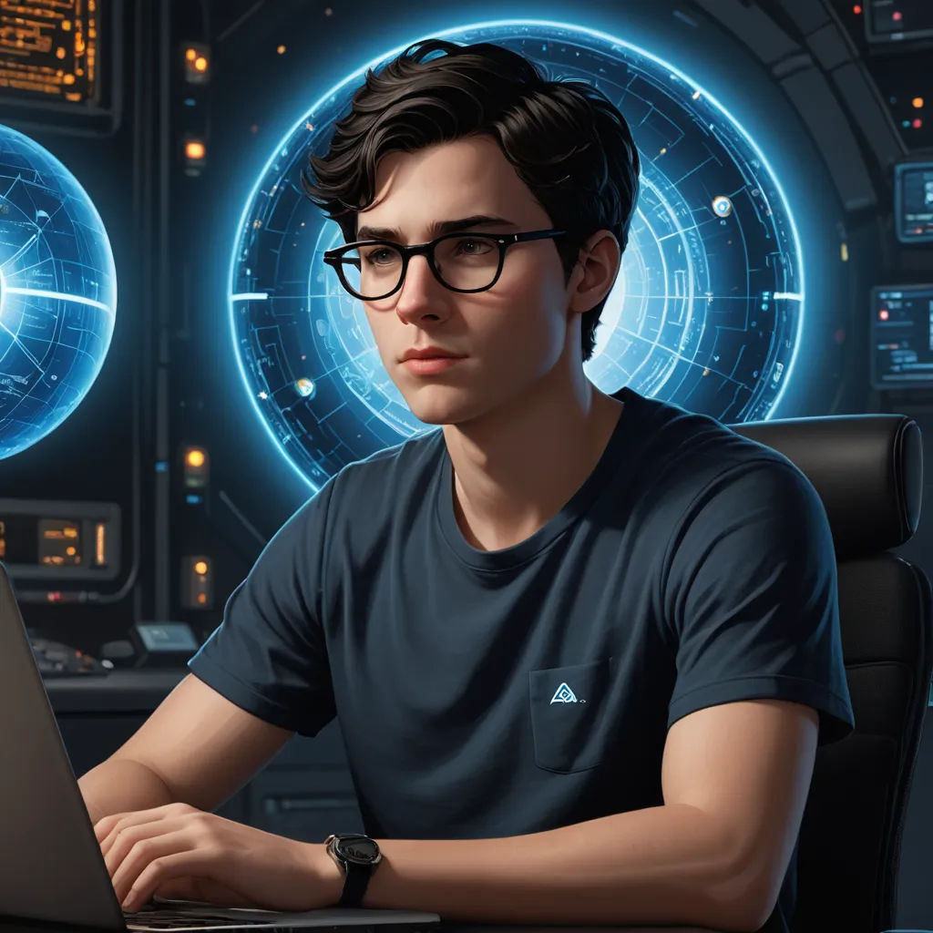 a man sitting at a desk with a laptop in front of him and a futuristic background behind him with circles of lights, computer art, computer graphics, Cedric Seaut (Keos Masons), professional digital painting