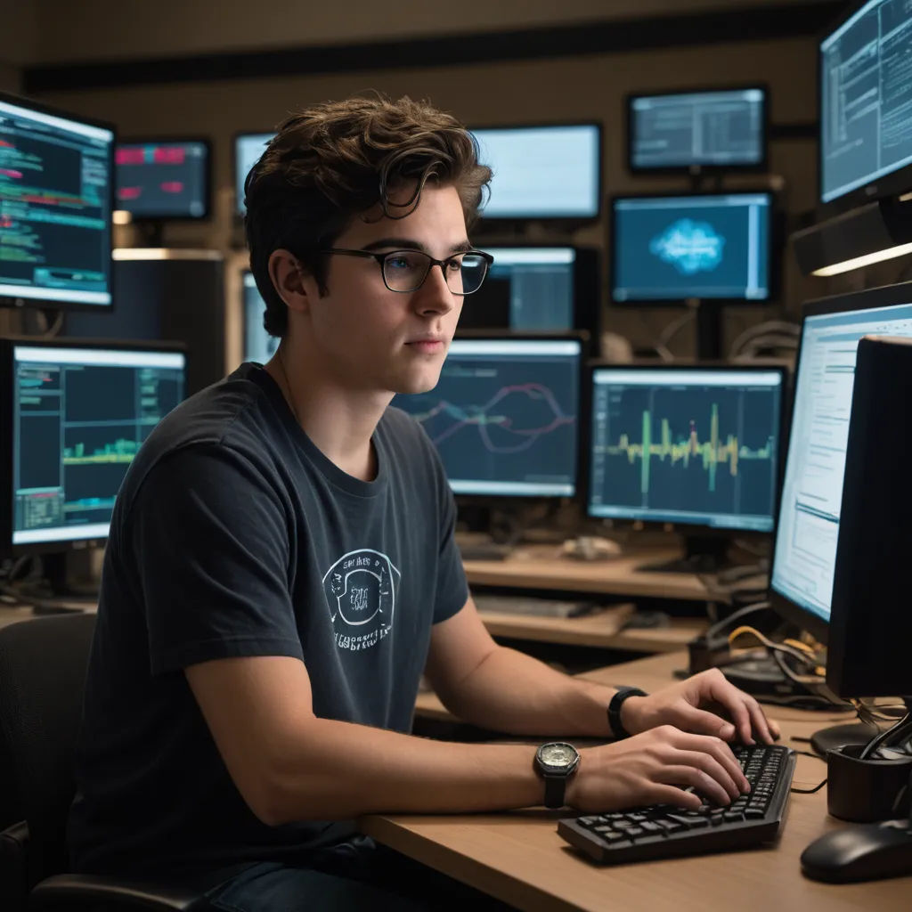 a man sitting at a desk with a keyboard and monitor on it, with multiple monitors behind him, all of which are displaying graphs, les automatistes, a stock photo, Everett Warner, promotional image