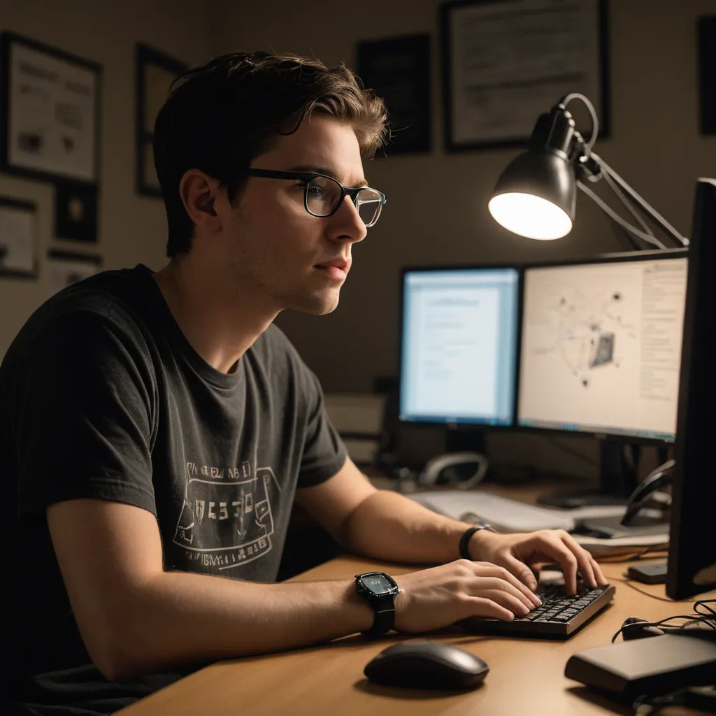 a man sitting at a desk with a computer and a keyboard in front of him, with a lamp on, les automatistes, a stock photo, Cedric Seaut (Keos Masons), raytracing