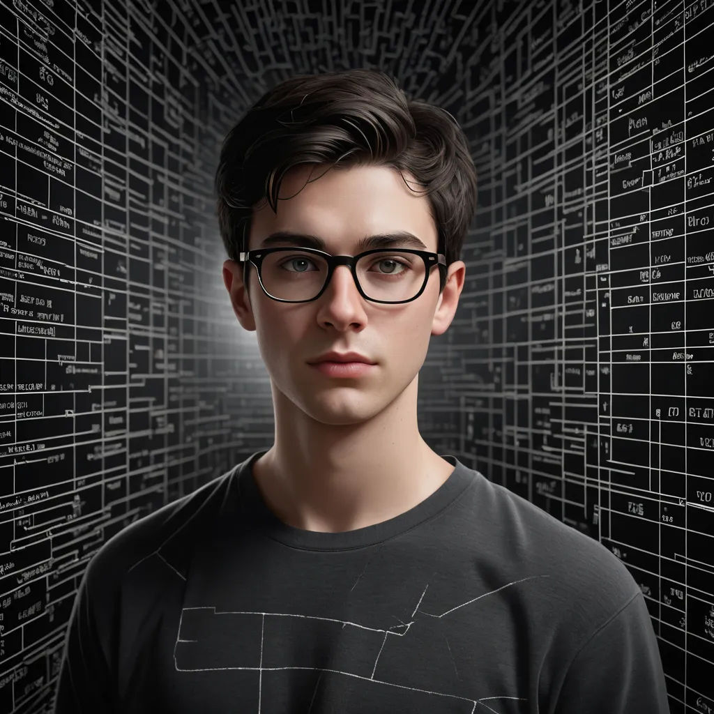 a man with glasses and a black shirt with a pattern on it and a black background with numbers on it, net art, a computer rendering, Conroy Maddox, promotional image