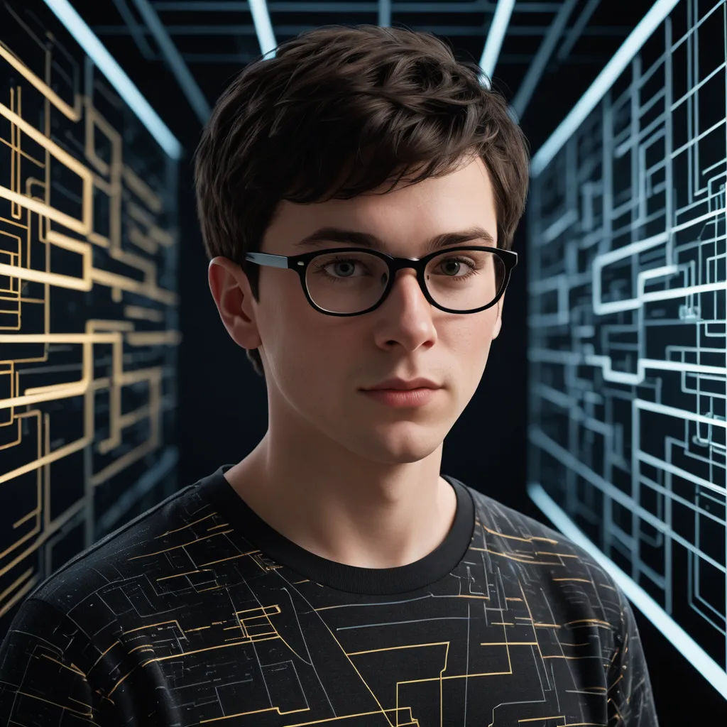 a young man wearing glasses in a room with a maze pattern on it's wall and a black background, generative art, a computer rendering, Filip Hodas, raytracing