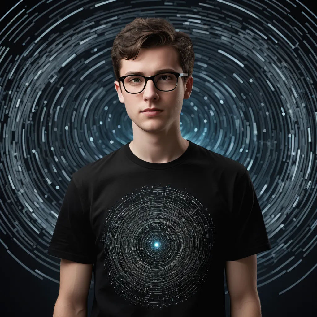 a man wearing glasses and a black shirt with a blue light in the middle of it and a circular pattern in the middle, neo-figurative, cyberpunk art, Android Jones, detailed product photo