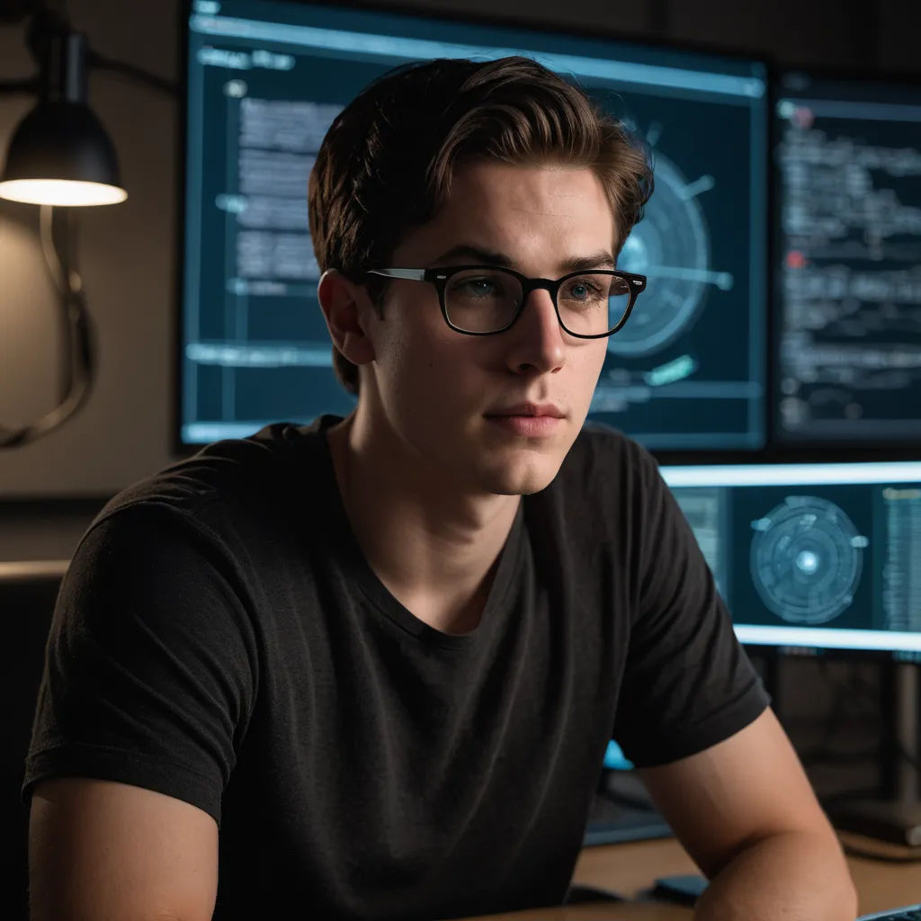 a man wearing glasses sitting in front of a computer screen with multiple monitors behind him and a lamp on the side, computer art, a stock photo, Adam Paquette, kai carpenter