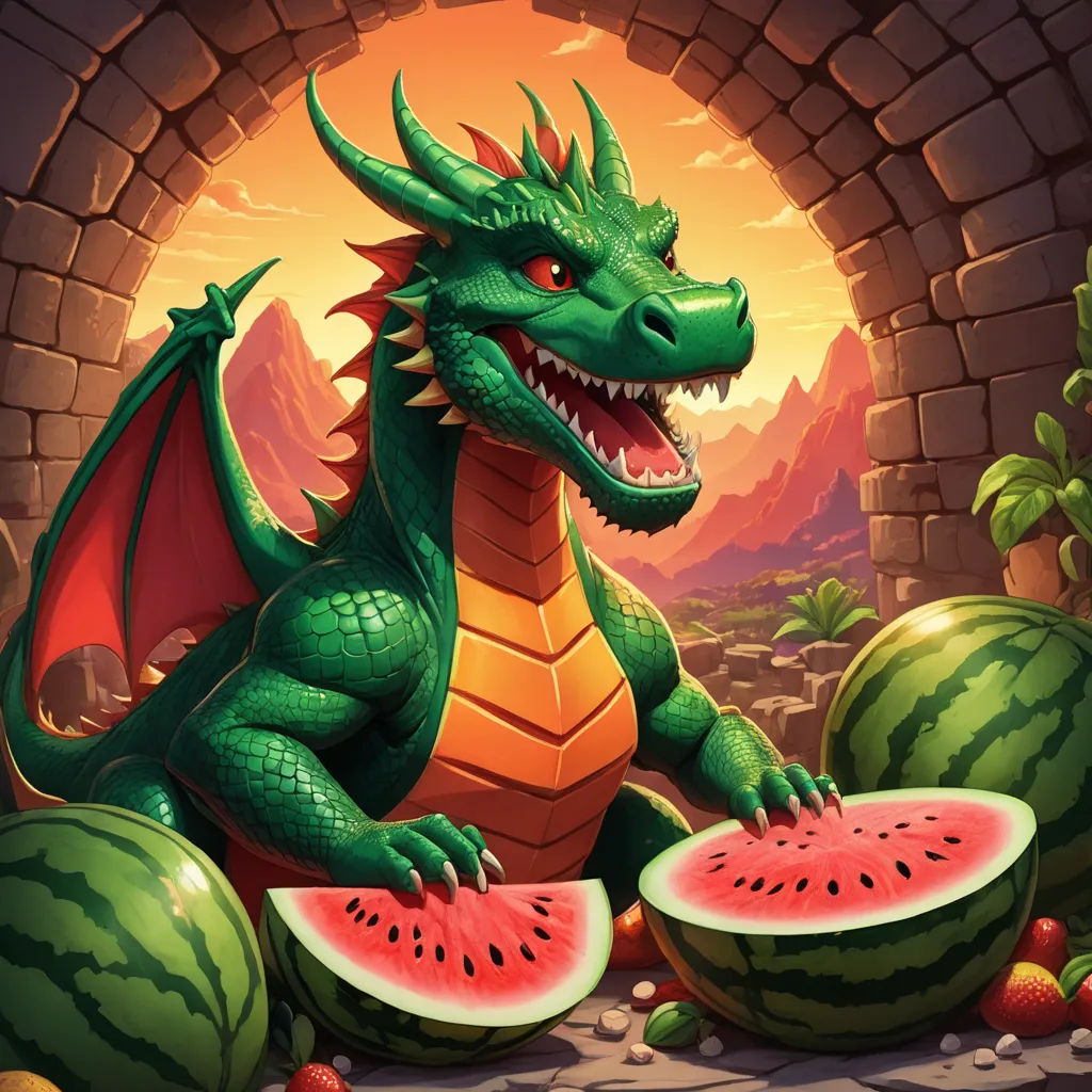 a dragon sitting on top of a pile of watermelon slices next to a dragon eating a watermelon, fantasy art, concept art, Anne Stokes, dragon art