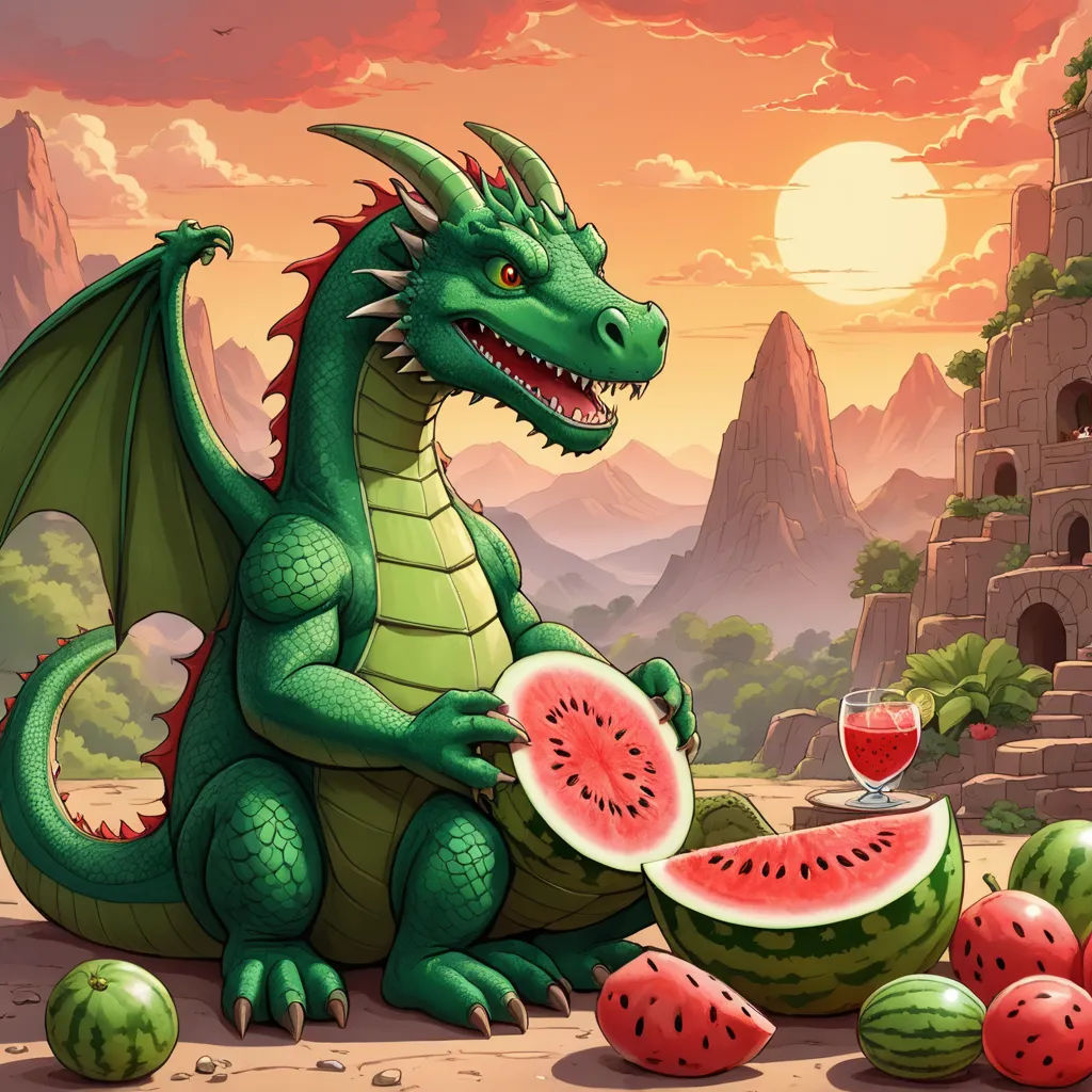 a dragon sitting on a piece of watermelon next to a dragon with a glass of wine and watermelon slices, fantasy art, a storybook illustration, Anne Stokes, dragon art