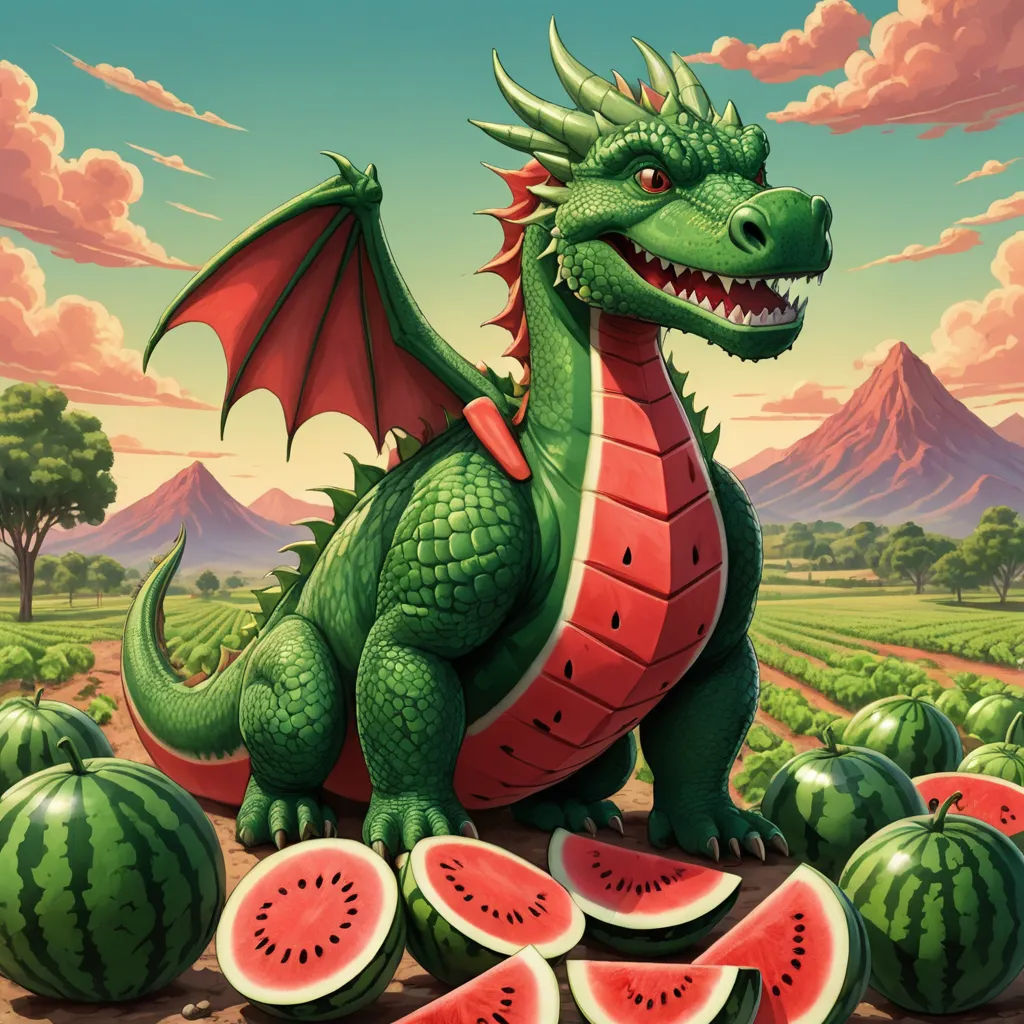 a dragon sitting on top of a pile of watermelon slices next to a dragon statue with a dragon on it, fantasy art, a storybook illustration, Chris LaBrooy, dragon art