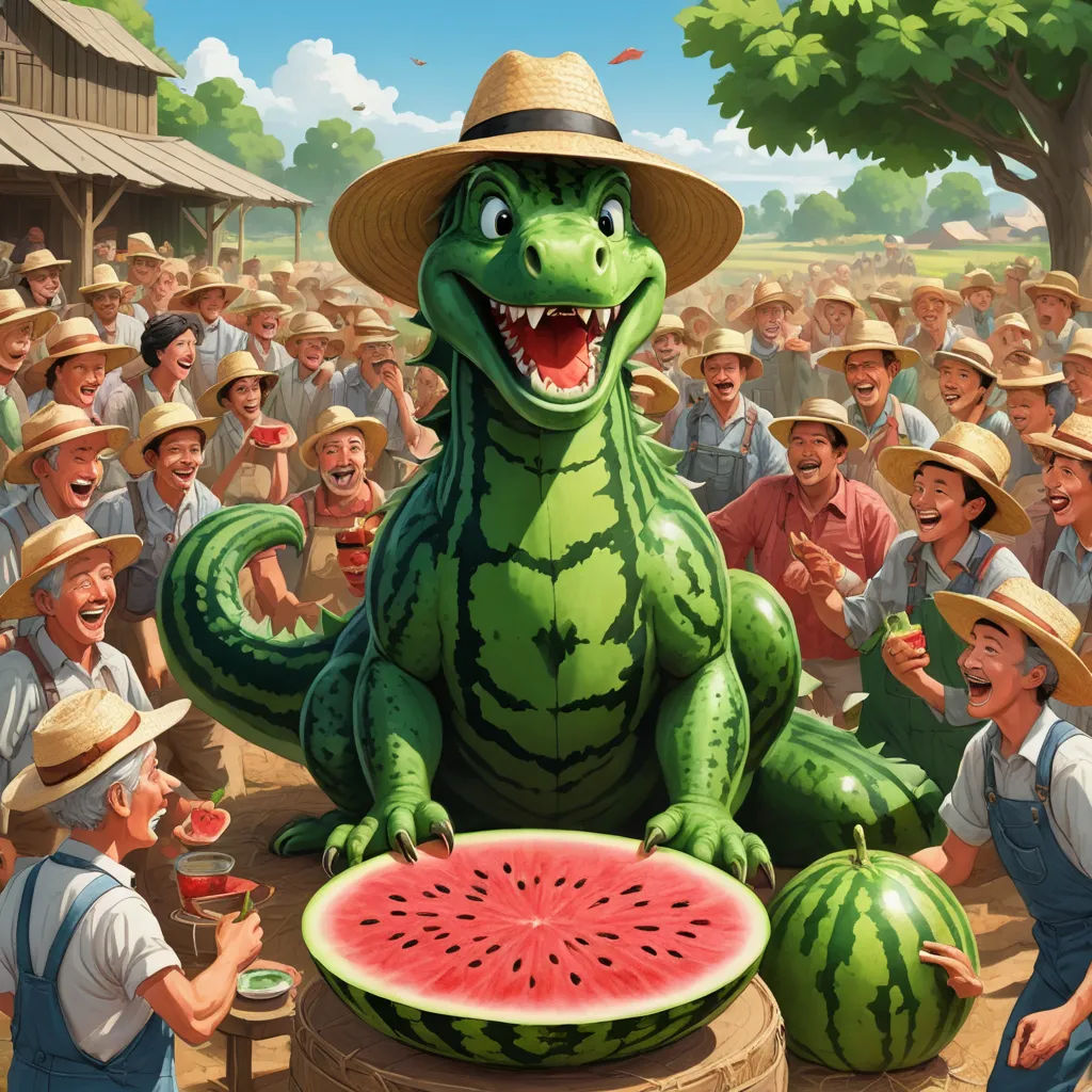 a large green dinosaur sitting on top of a watermelon surrounded by people in hats and straw hats, massurrealism, a storybook illustration, Chris LaBrooy, highly detailed digital painting