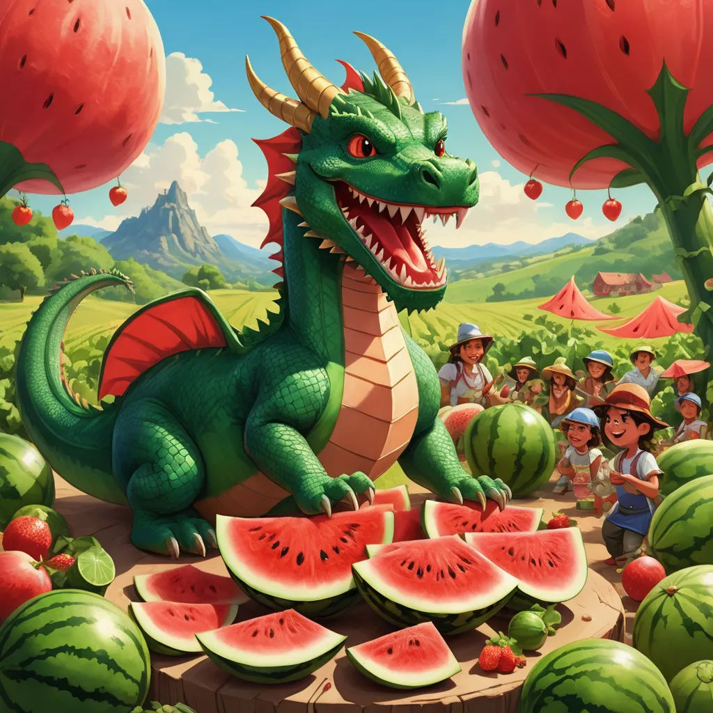 a dragon is eating watermelon in a field with other people and trees in the background, while a dragon is eating watermelon, fantasy art, a storybook illustration, Chris LaBrooy, dragon art