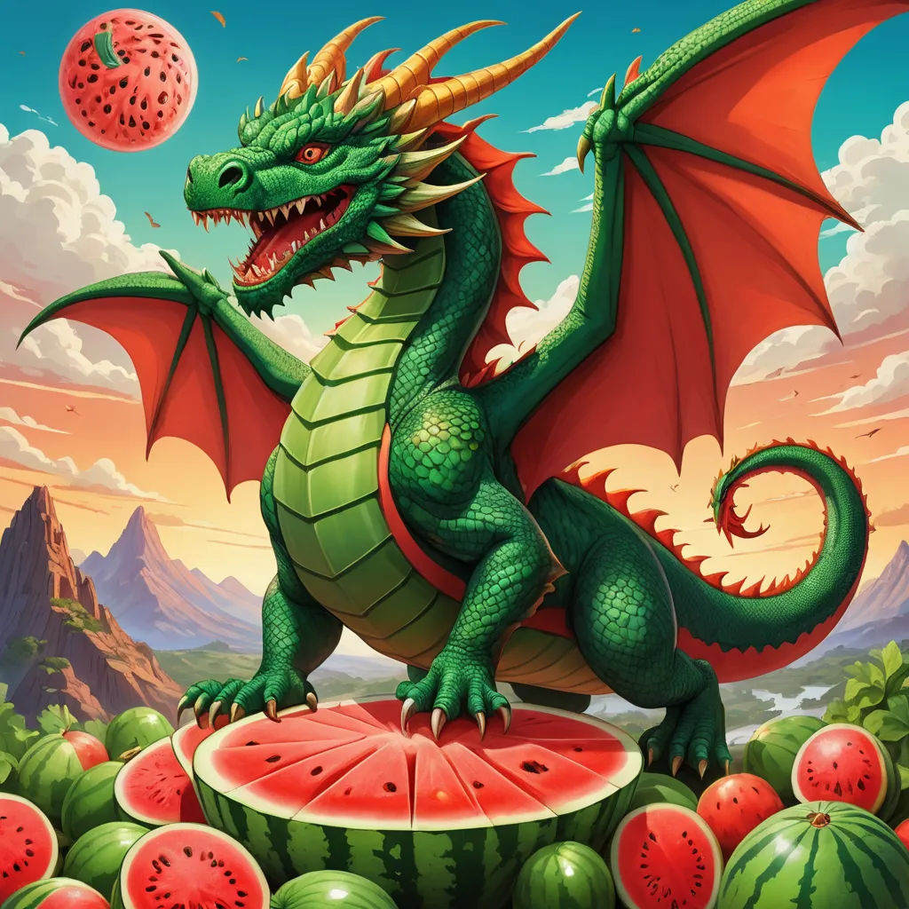 a dragon sitting on top of a piece of watermelon with a dragon on it's back, fantasy art, concept art, Chris LaBrooy, dragon art