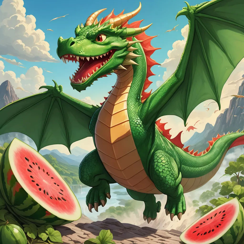 a dragon with wings and a tail is sitting on a piece of watermelon and has its mouth open, altermodern, concept art, Chris LaBrooy, dragon art
