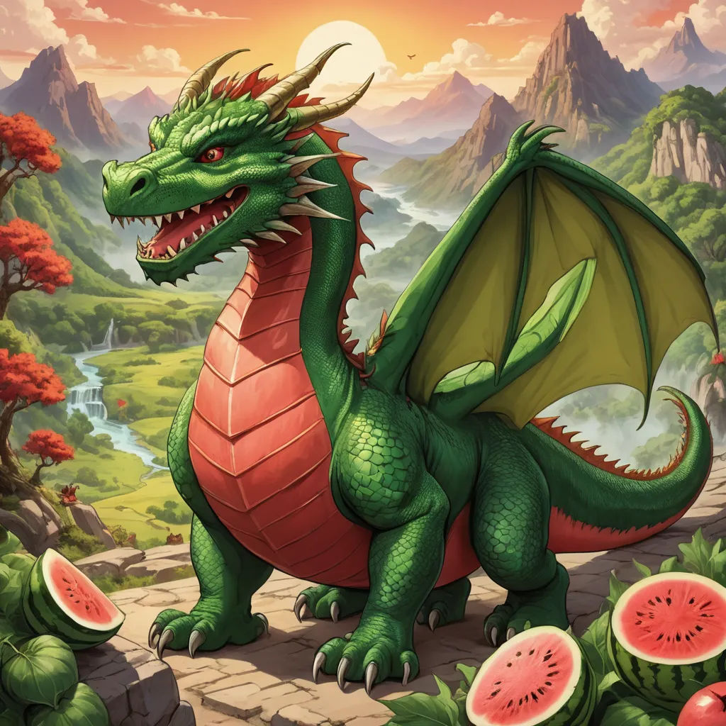a dragon with a watermelon slice in its mouth and a mountain background with a river and trees, sots art, concept art, Chris LaBrooy, dragon art