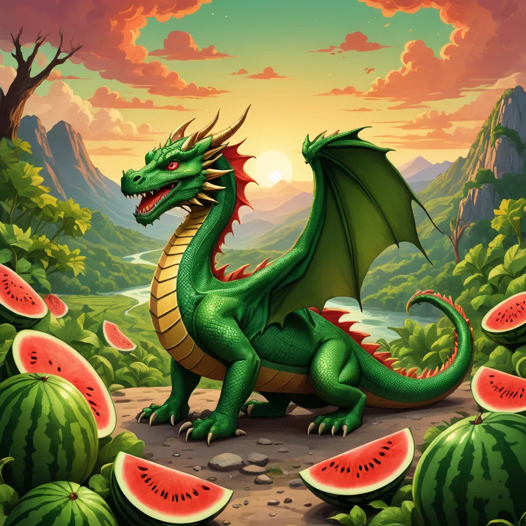 a dragon sitting on a piece of watermelon in a field of watermelon slices with mountains in the background, fantasy art, concept art, Anne Stokes, dragon art