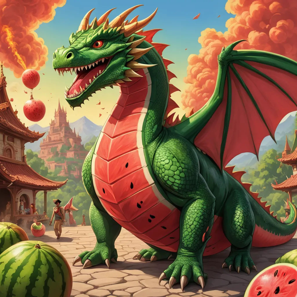 a dragon with a watermelon in its mouth and a man in the background with a building in the background, fantasy art, concept art, Chris LaBrooy, dragon art