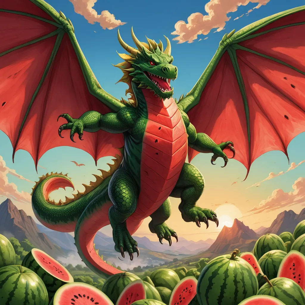 a dragon with wings and a tail is flying over watermelon slices in the air, with mountains in the background, altermodern, concept art, Chris LaBrooy, dragon art