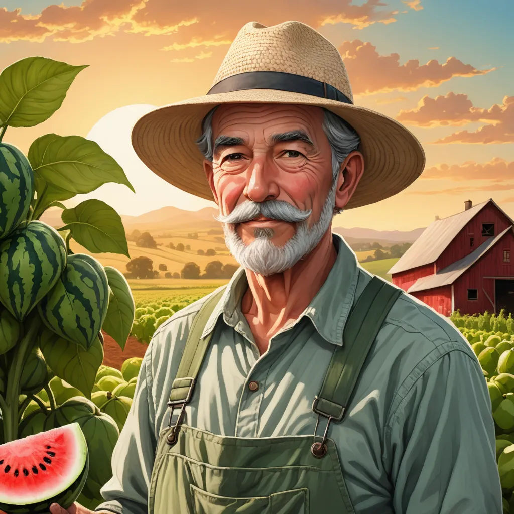 a man with a hat and a watermelon in his hand and a house in the background with a sunset, american realism, a character portrait, Chris LaBrooy, ultra realistic digital art
