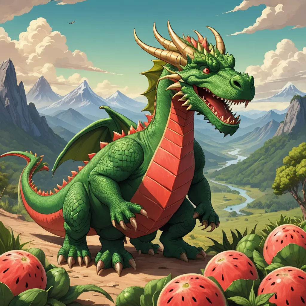 a green dragon with large horns and a red body standing in a field of watermelon with mountains in the background, fantasy art, a storybook illustration, Chris LaBrooy, dragon art