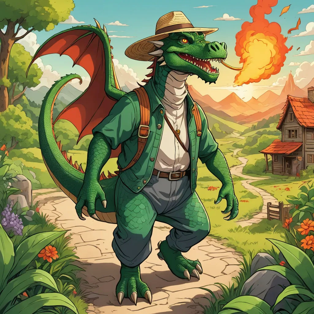 a green dragon with a hat and backpack walking down a path in a forest with a house in the background, furry art, a character portrait, Chris LaBrooy, official art