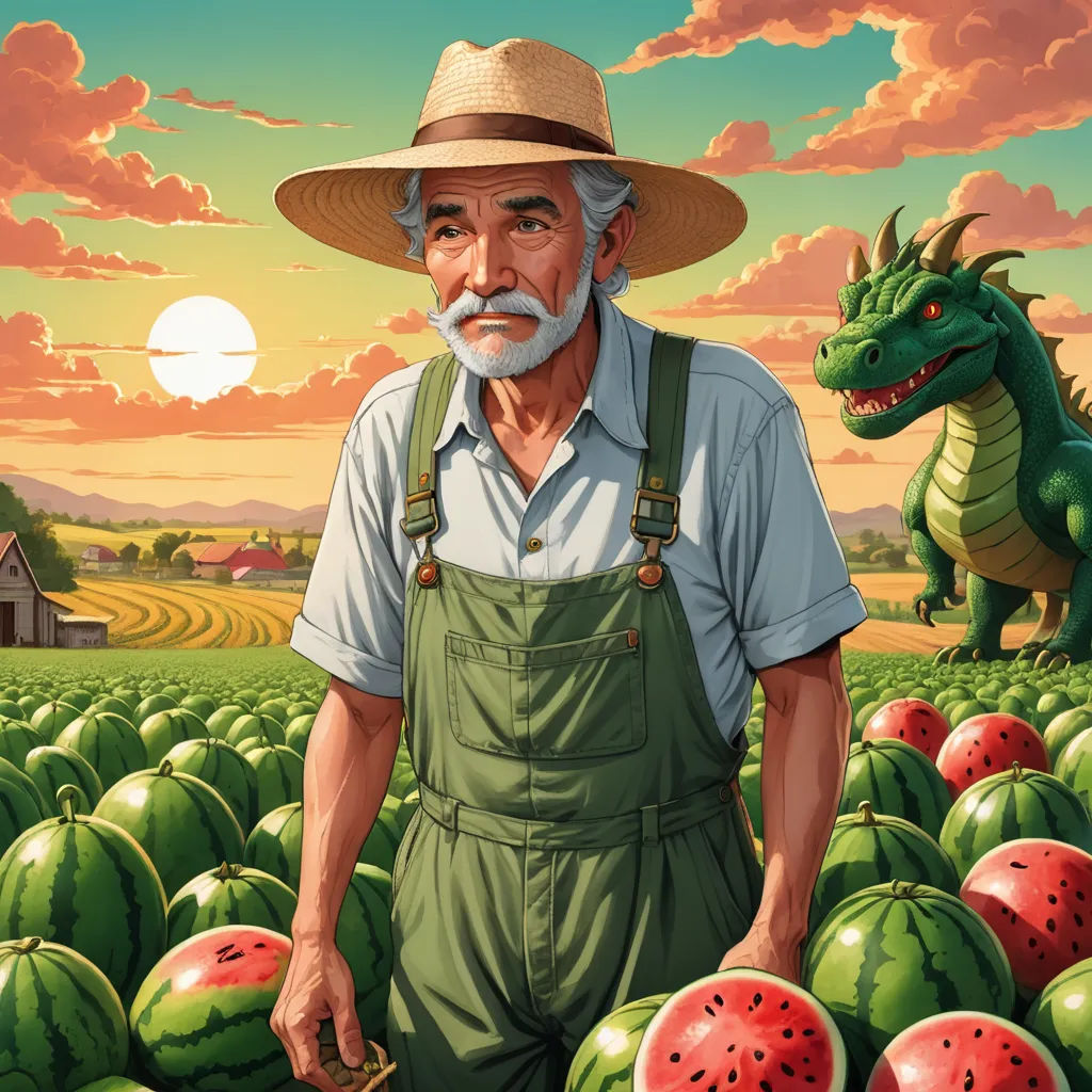 a man standing in a field of watermelon with a dragon in the background and a house in the background, american realism, a storybook illustration, Chris LaBrooy, highly detailed digital painting