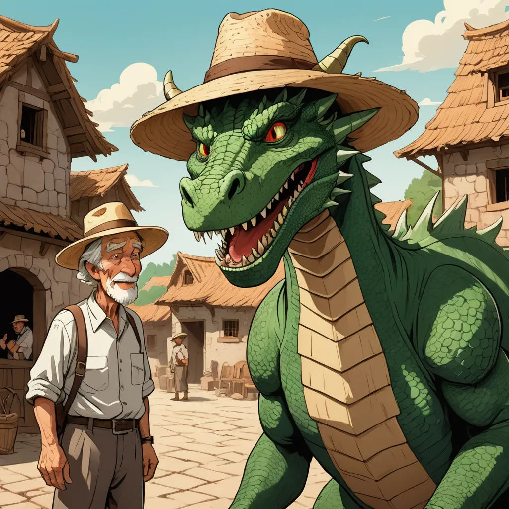 a man in a hat and a green dragon in a village with people in the background and a man in a hat, fantasy art, a storybook illustration, Andreas Rocha, dragon art