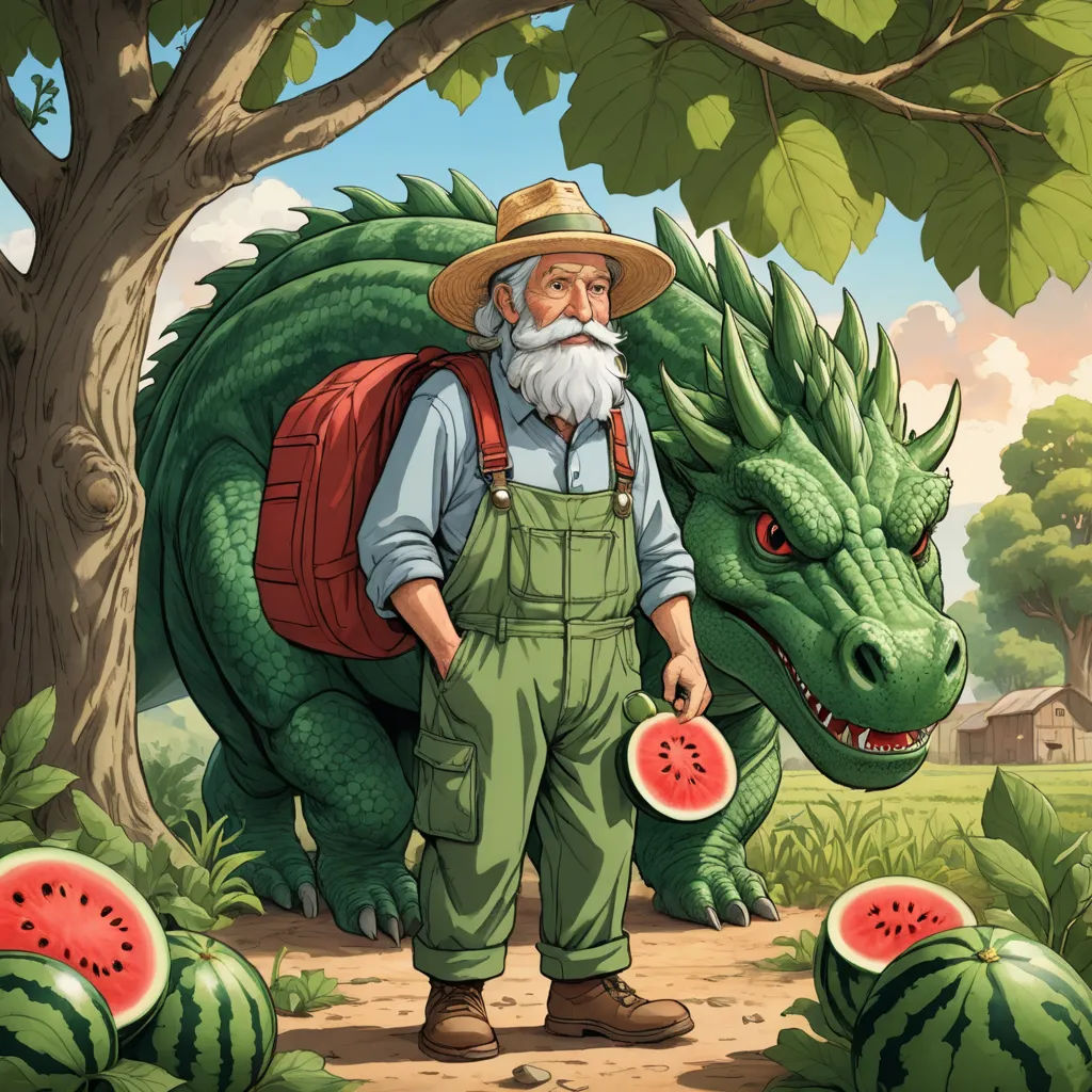 a man with a beard and a backpack standing next to a dragon with watermelon slices in his hands, fantasy art, a storybook illustration, Chris LaBrooy, storybook illustration
