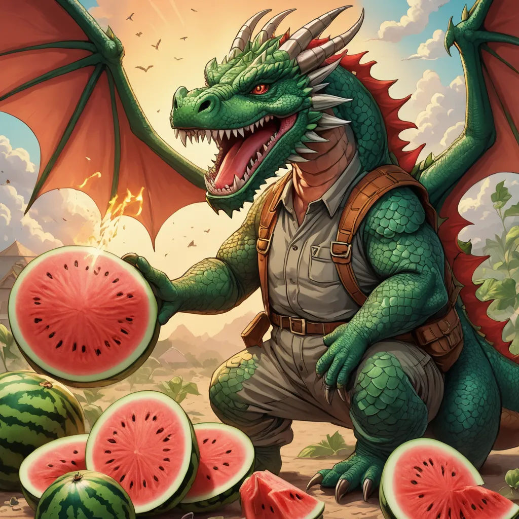 a dragon is holding a piece of watermelon and a dragon is eating it with its mouth open, altermodern, concept art, Adam Rex, dragon art