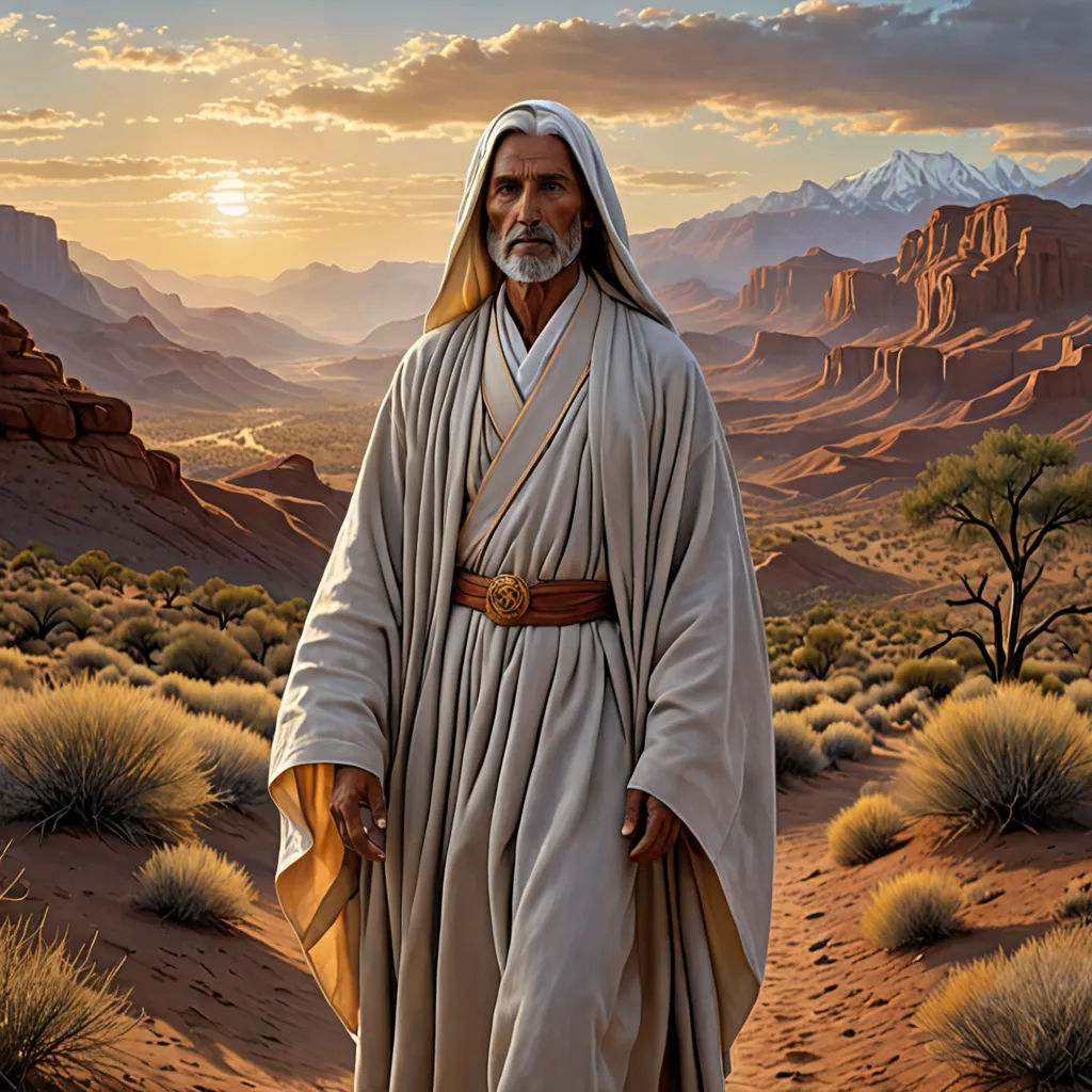 a man in a robe is walking through the desert with mountains in the background and a sunset in the sky, metaphysical painting, a detailed matte painting, David Ligare, syd meade
