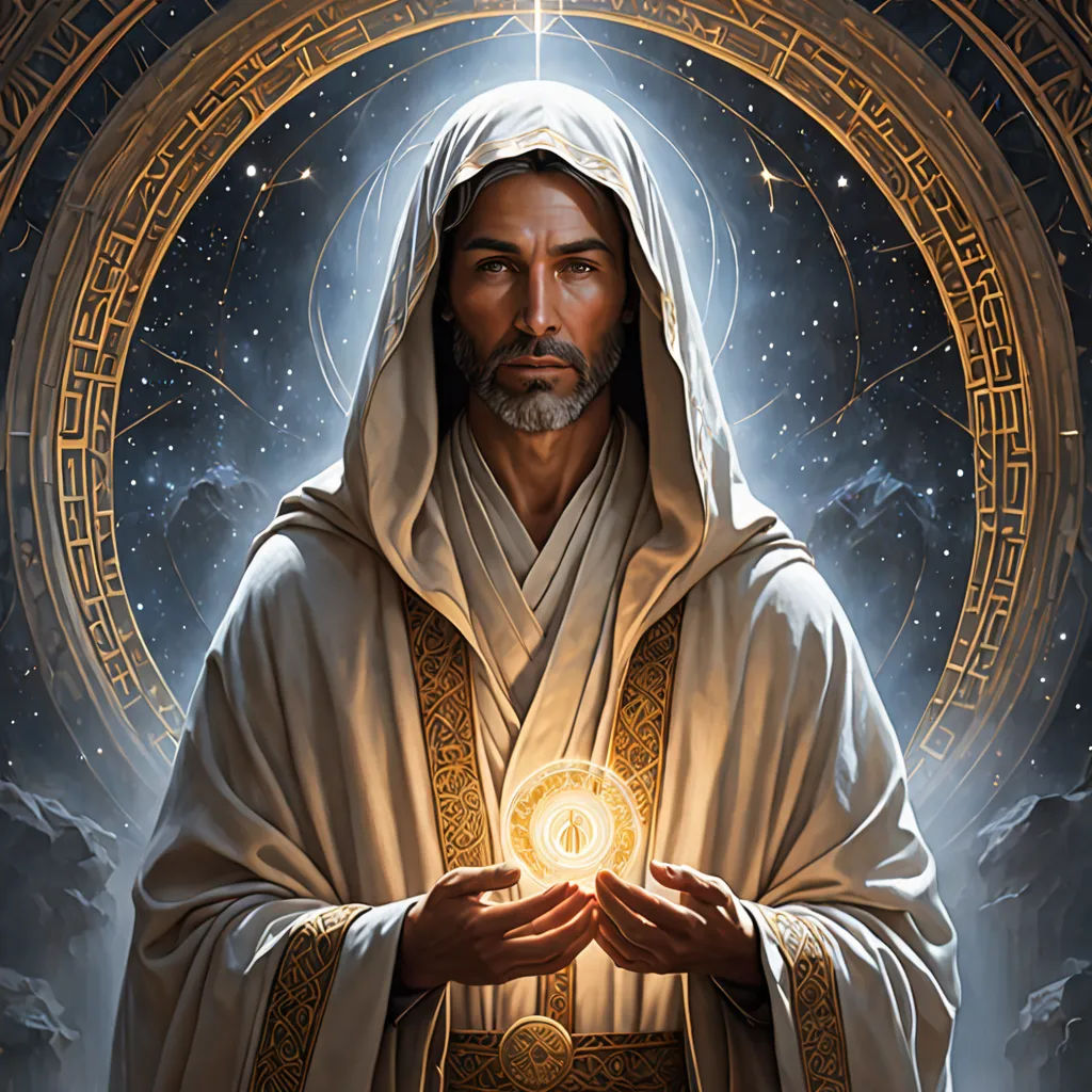 a man in a robe holding a glowing orb in his hands with a sky background and stars in the sky, fantasy art, a detailed painting, Christophe Vacher, magic the gathering artwork
