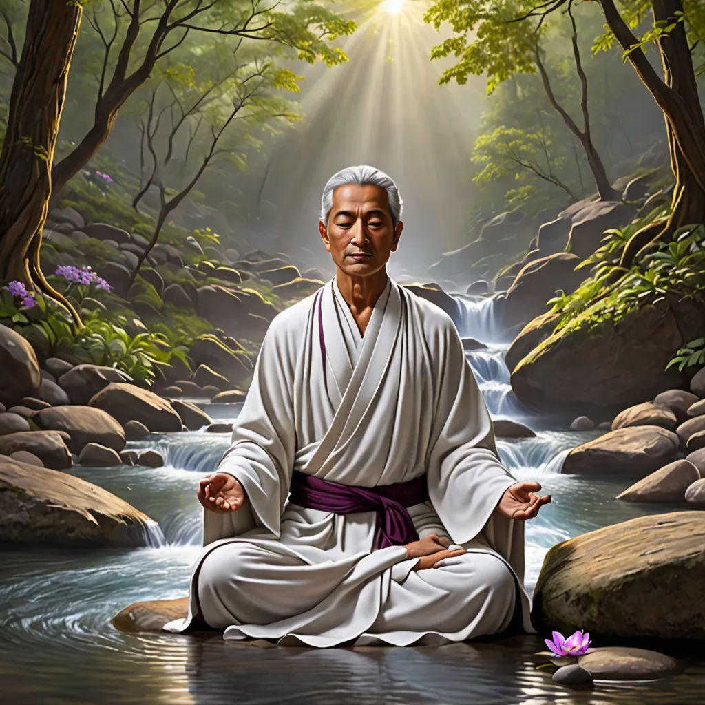 a painting of a man sitting in a river with a waterfall in the background and a flower in the foreground, precisionism, a character portrait, Fang Congyi, rossdraws global illumination