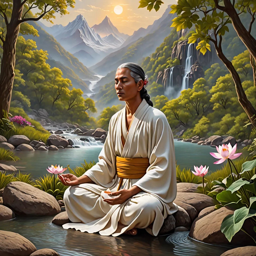 a painting of a man sitting in a lotus position in front of a mountain stream and a waterfall with flowers, metaphysical painting, a detailed painting, Alex Grey, official art