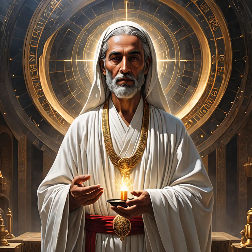 a man in a white robe holding a candle in his hands with a golden ring around his neck and a circle of gold around his neck, fantasy art, a detailed painting, Donato Giancola, radiant light