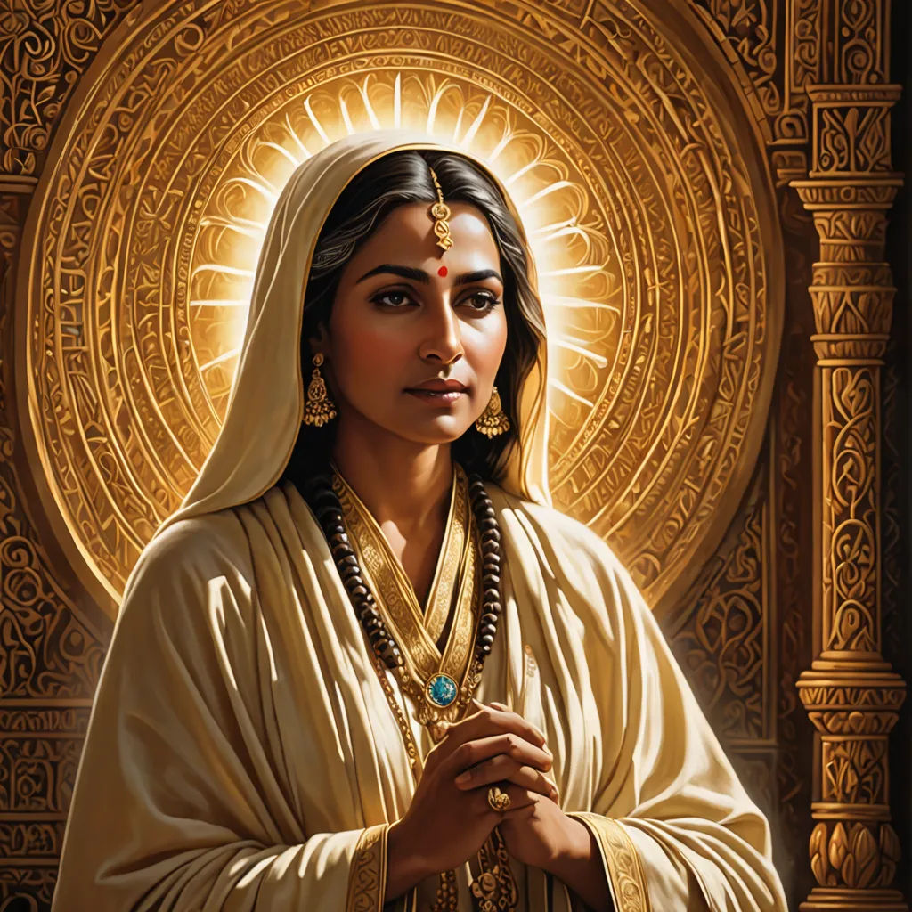 a painting of a woman in a white outfit with a gold necklace and a cross on her chest and a gold background, fantasy art, a painting, Donato Giancola, magic the gathering artwork