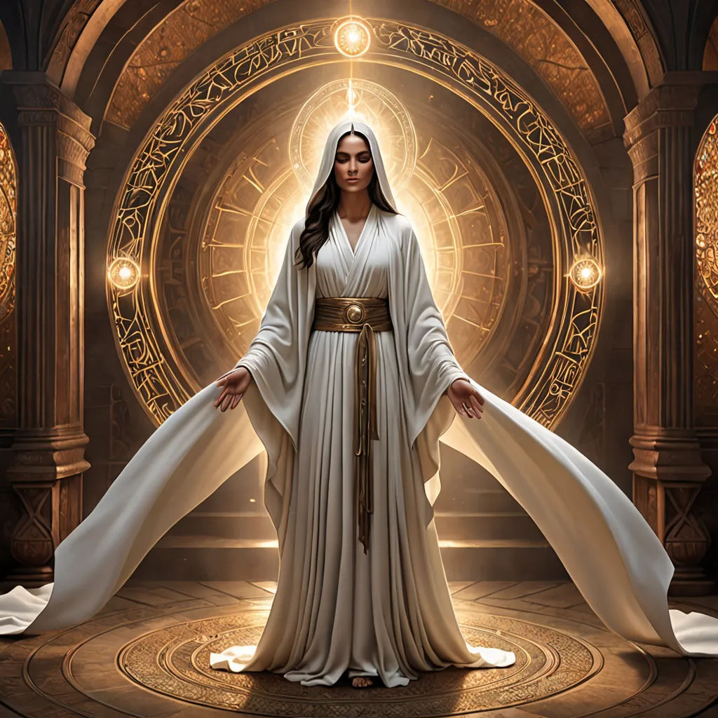 a woman dressed in a white robe and a golden halo stands in front of a golden circle with a white robe on, fantasy art, a marble sculpture, Aleksi Briclot, radiant light